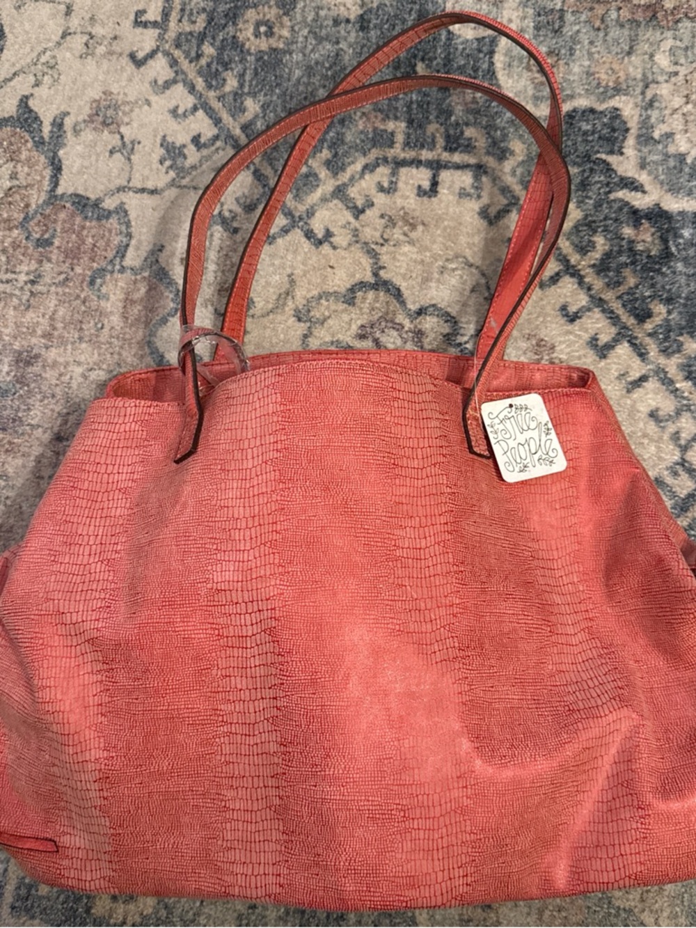 Free People Coral-Red Textured Tote with Double Straps